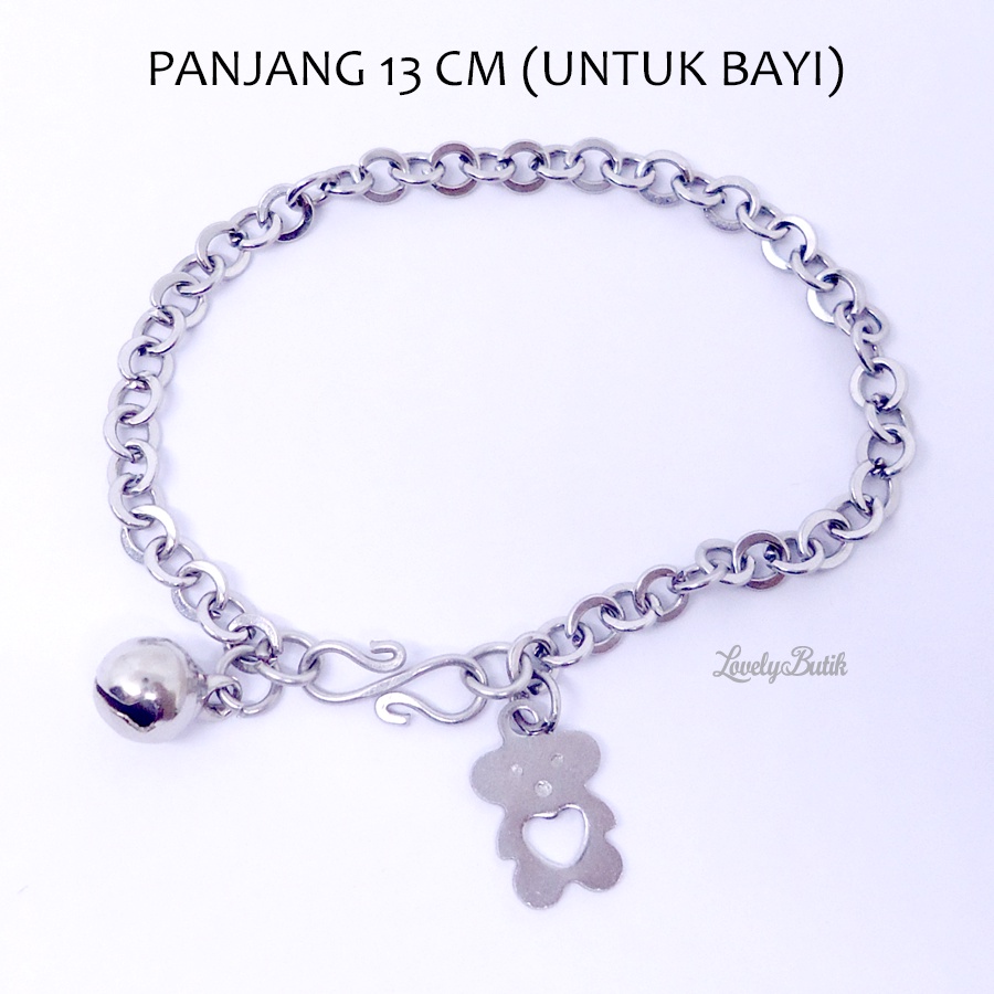 Lovelybutik Gelang Tangan Bayi Monel Krincing Baby 0-2 Tahun Bear Kecil Krincingan Baja Putih Stainless Steel