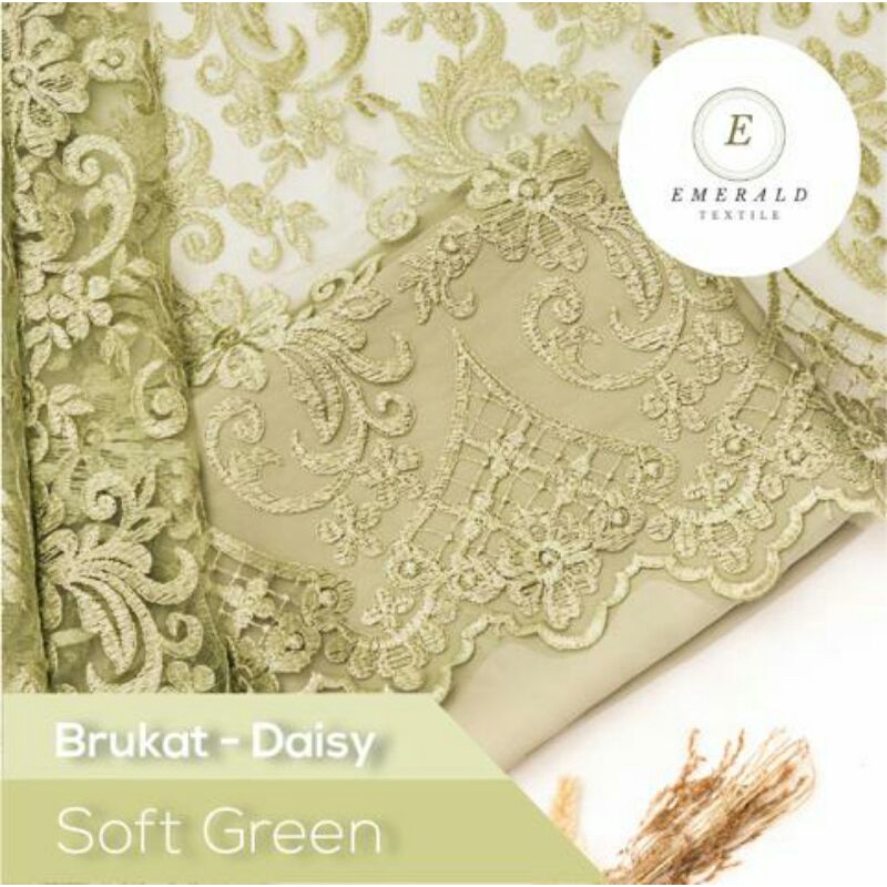 SETENGAH METER Kain Brokat Tile Prancis Bahan Kebaya Motif Daisy - Soft Green/Avocado ( HARGA PER 50cm KAIN )