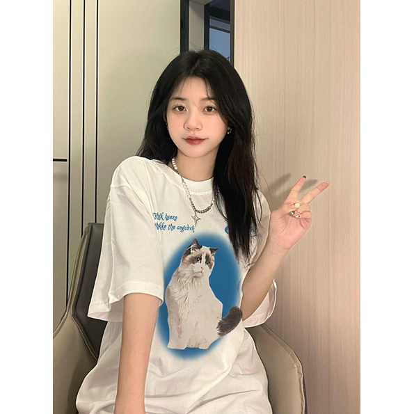 EUNII T-shirt Lengan Pendek Imut Anak Kucing Pencetakan Longgar Korean Style/Kaos Atasan Wanita/Baju Kaus Oversize Wanita