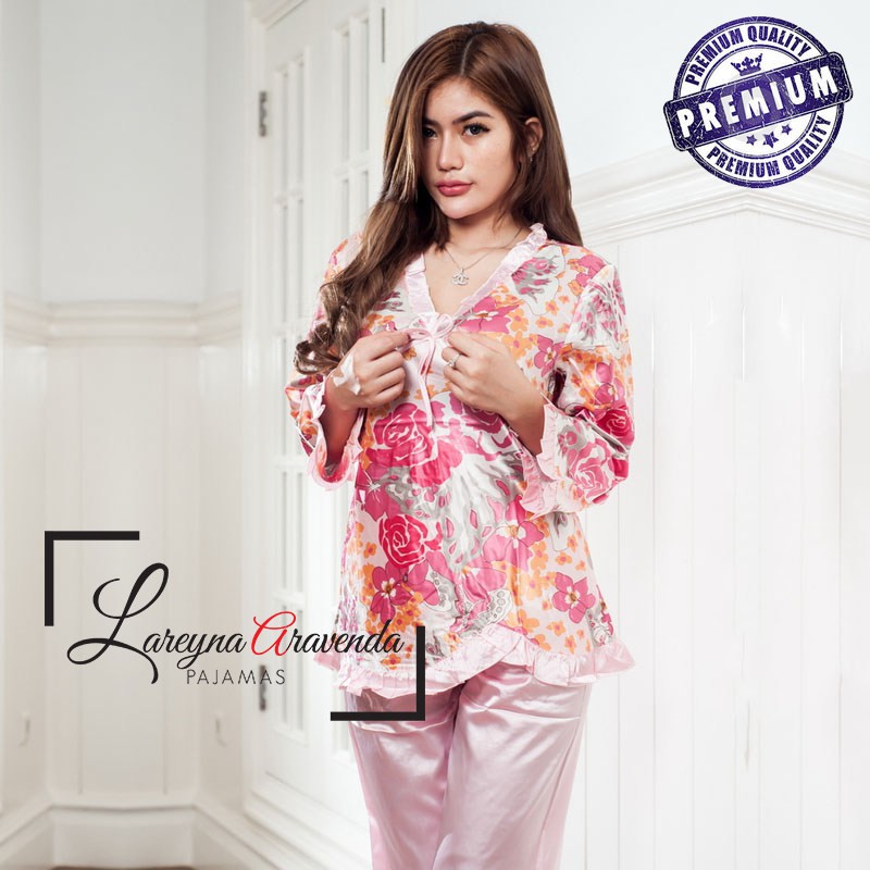 Piyama Lengan Panjang Satin Halus Model V Neck Flower PY001