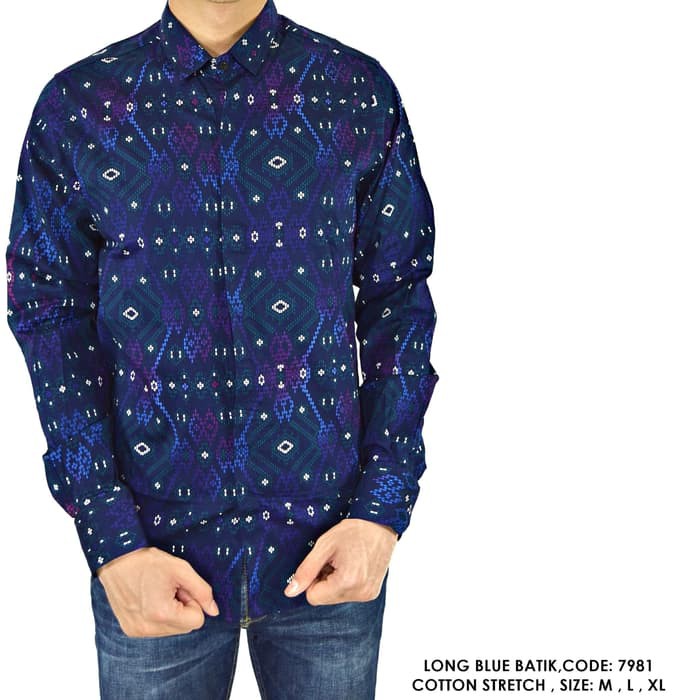 KEMEJA PANJANG FORMAL BATIK SONGKET BIRU - Navy, M