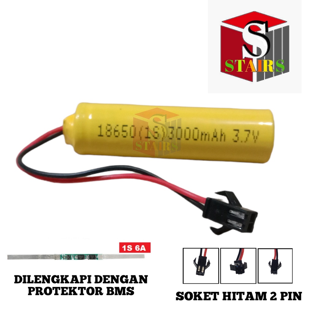 Baterai RC/ Baterai Mainan Remot Control 1x 18650-1S 3000mAh 3.7V Protektor BMS 6A Soket Hitam