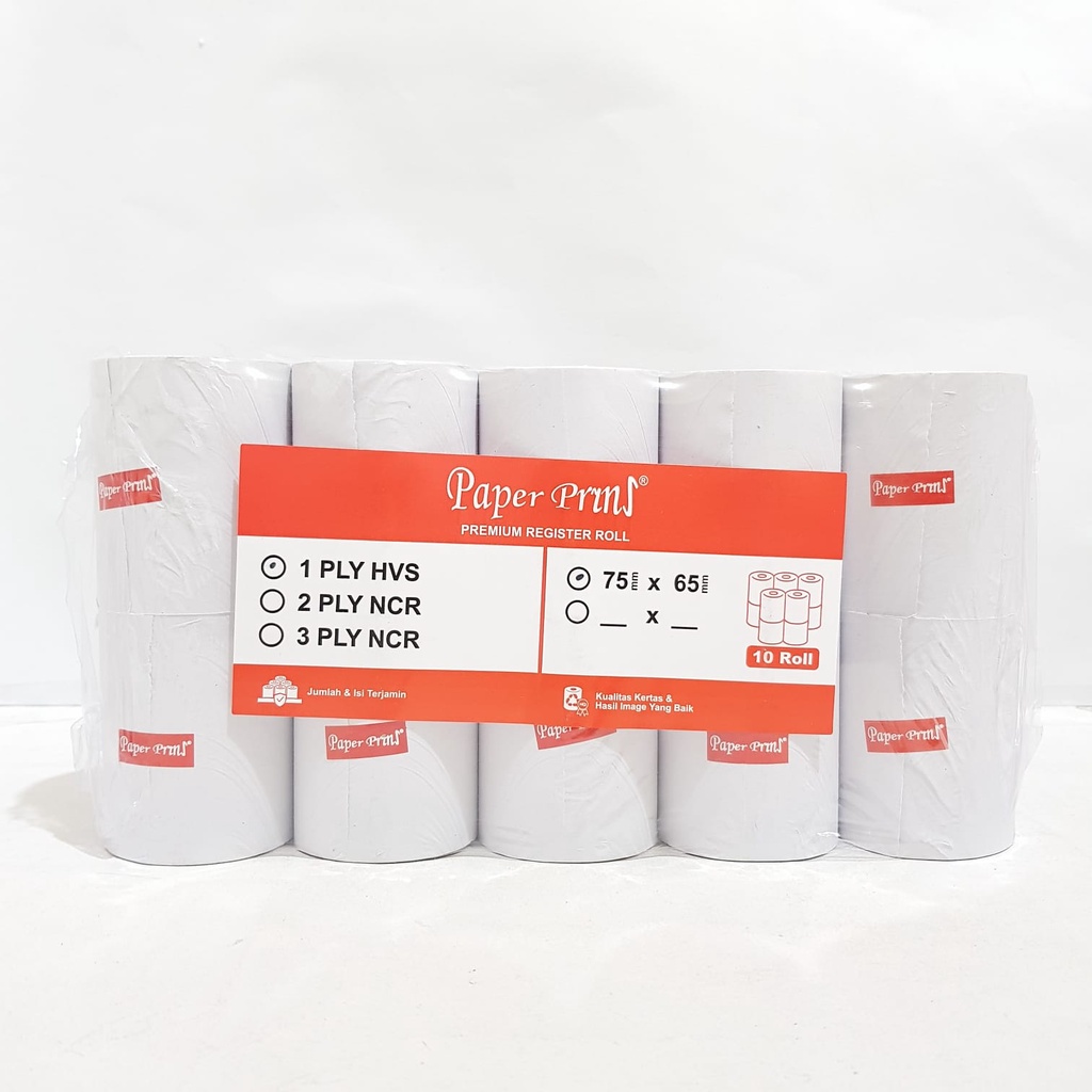 

Kertas Kasir / Struk / Paper Roll Uk. 75x65 1 PLY(Rangkap) Putih-Putih Merk Paperpryns