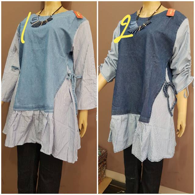 YULI - Atasan Kemeja Jeans Wanita Lengan 7/8 Combinasi (kode 63)