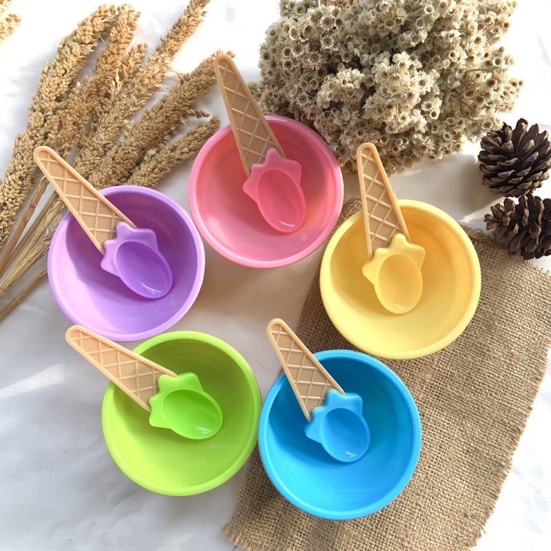 Set Mangkok+Sendok Ice Cream Mangkok Es Krim Bowl Set Plastik Cute Cone