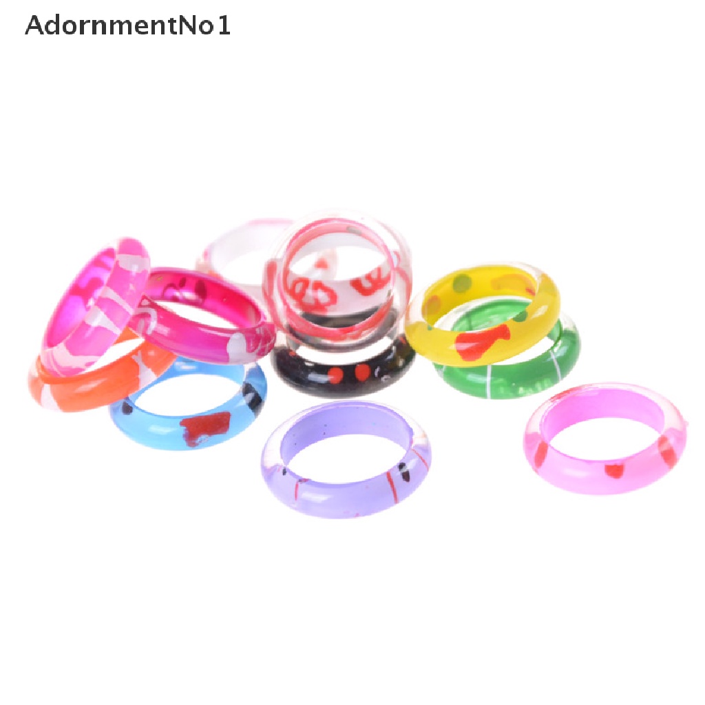 (AdornmentNo1) 10pcs / Set Cincin Resin Akrilik Warna Campur Untuk Anak Laki-Laki / Perempuan