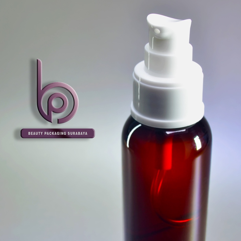 Botol plastik PET 100ml BR coklat amber tutup pump treatment FC putih