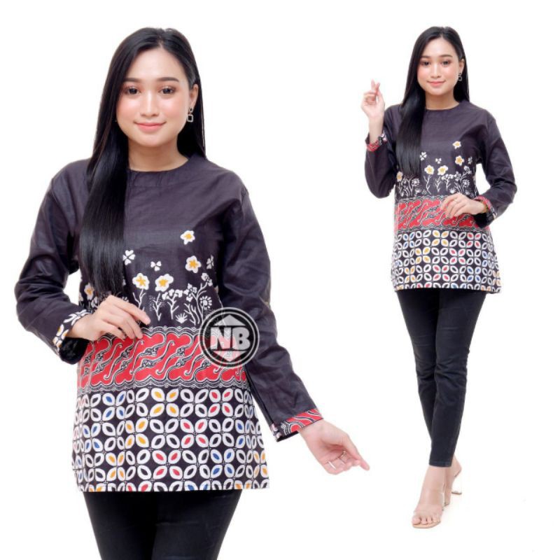 tey-17 Batik wanita ASJ SA HRB026 Kenongo Kemeja Tosca Pendek-Sinaran hitam