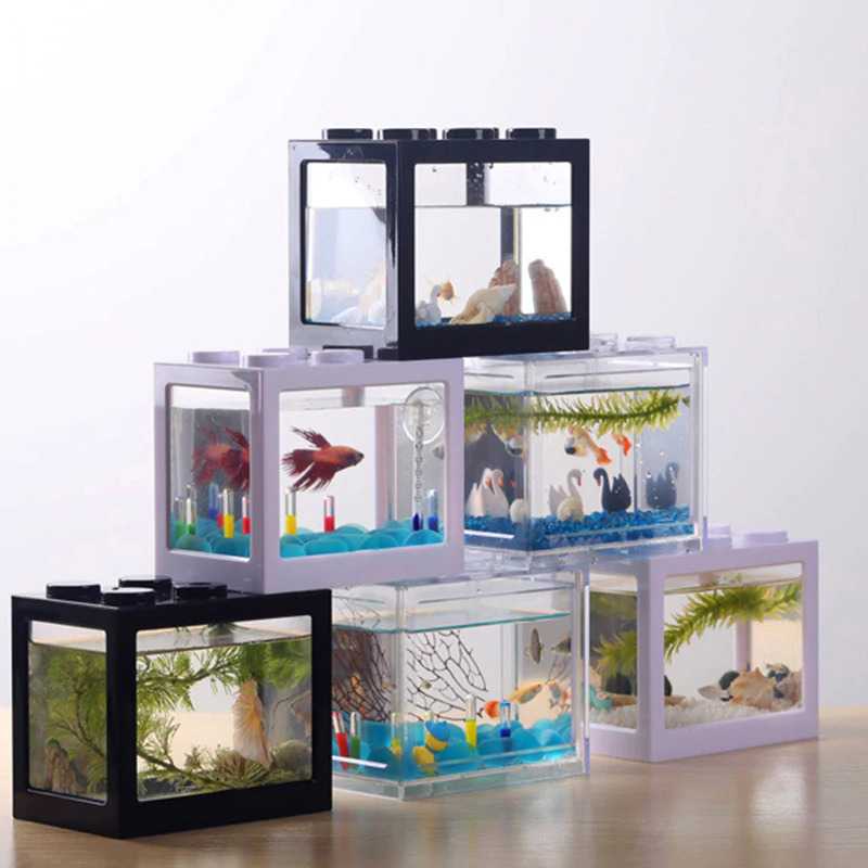 TOPINCN Aquarium Mini Lego Block 8x8x11cm - TOP3-Windows-4 Side-USB Light-No