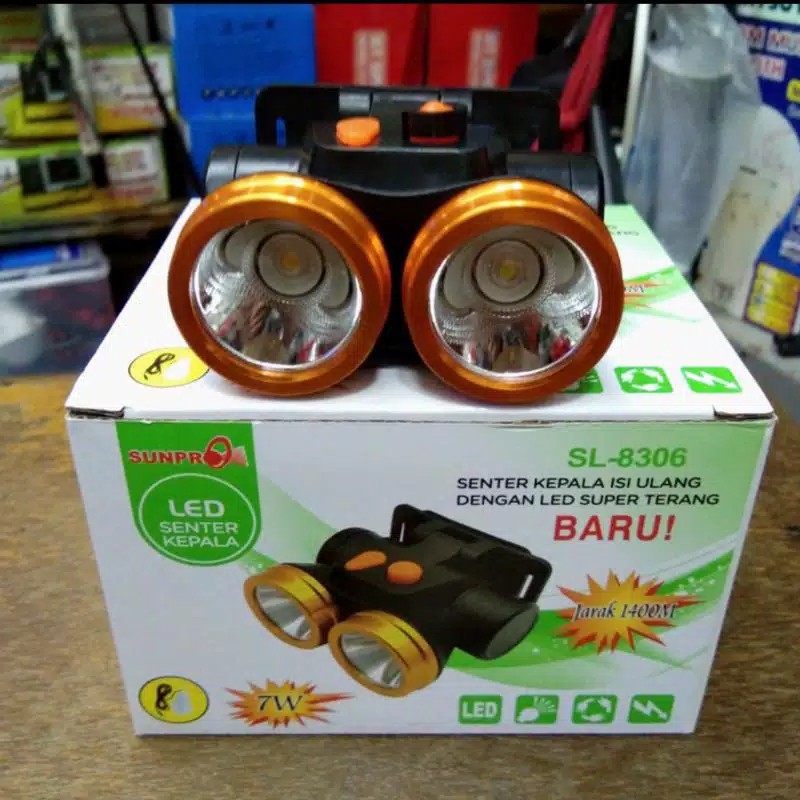 UNPRO SL 8306 LED Senter Kepala Jarak 1400M, cahaya putih dan kuning