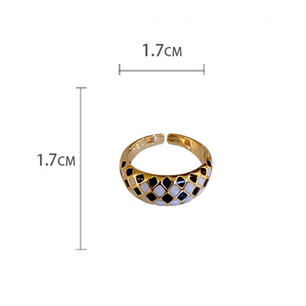 Needway  Women Girls Checkerboard Grid Rings Romantic Open Rings Metal Rings Dripping Oil Gold Color Black White Grid Geometric Adjustable Vintage Korean Style