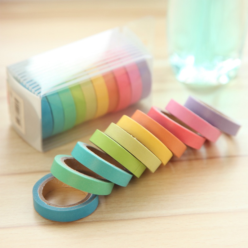 10 Rol Tape / Selotip Washi Warna Pelangi