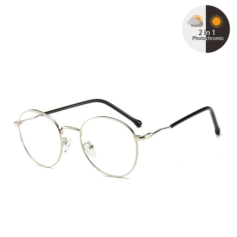 Kacamata Minus Besi Untuk Wanita Pria 0.5/1.0/1.5/2.0/2.5/3.0/3.5/4.0/4.5/5.0/5.5/6.0 Frame Kacamata Korean Bulat-Silver
