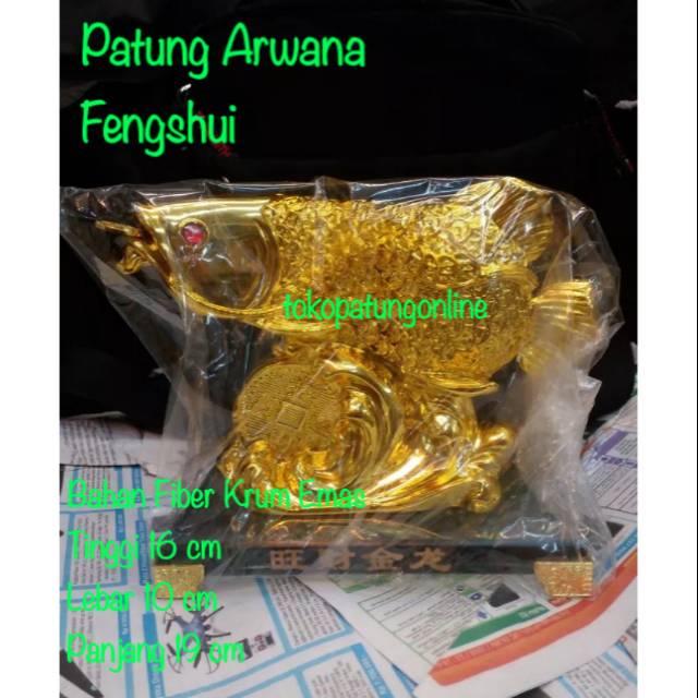 Patung Ikan Arwana Fengshui Emas Fiber