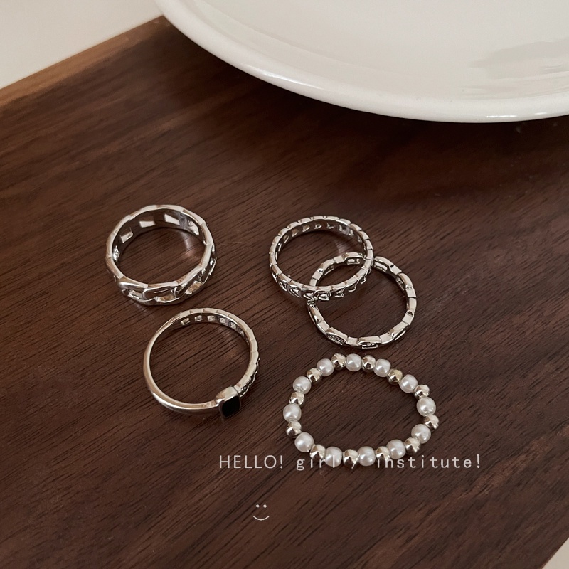 5pcs / Set Cincin Silver Hias Kristal Mutiara Hitam Gaya Retro Untuk Wanita