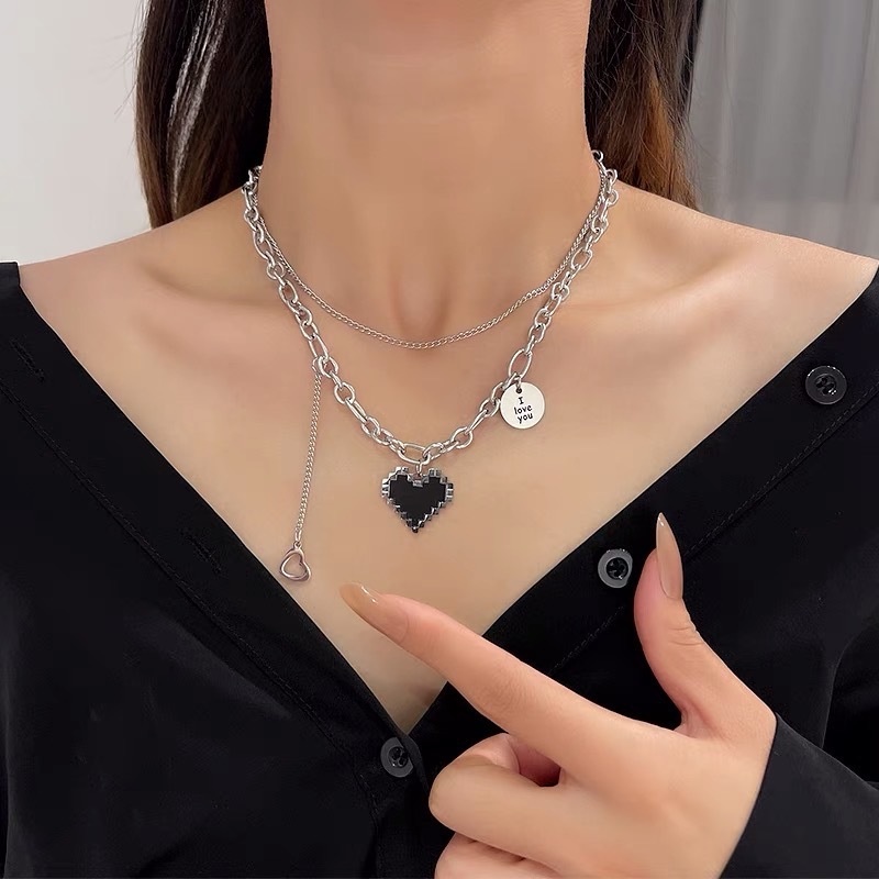 Kalung Choker Klavikula Liontin Hati Mosaik Hitam Lapisan Ganda Bahan Logam Gaya Elegan Untuk Wanita