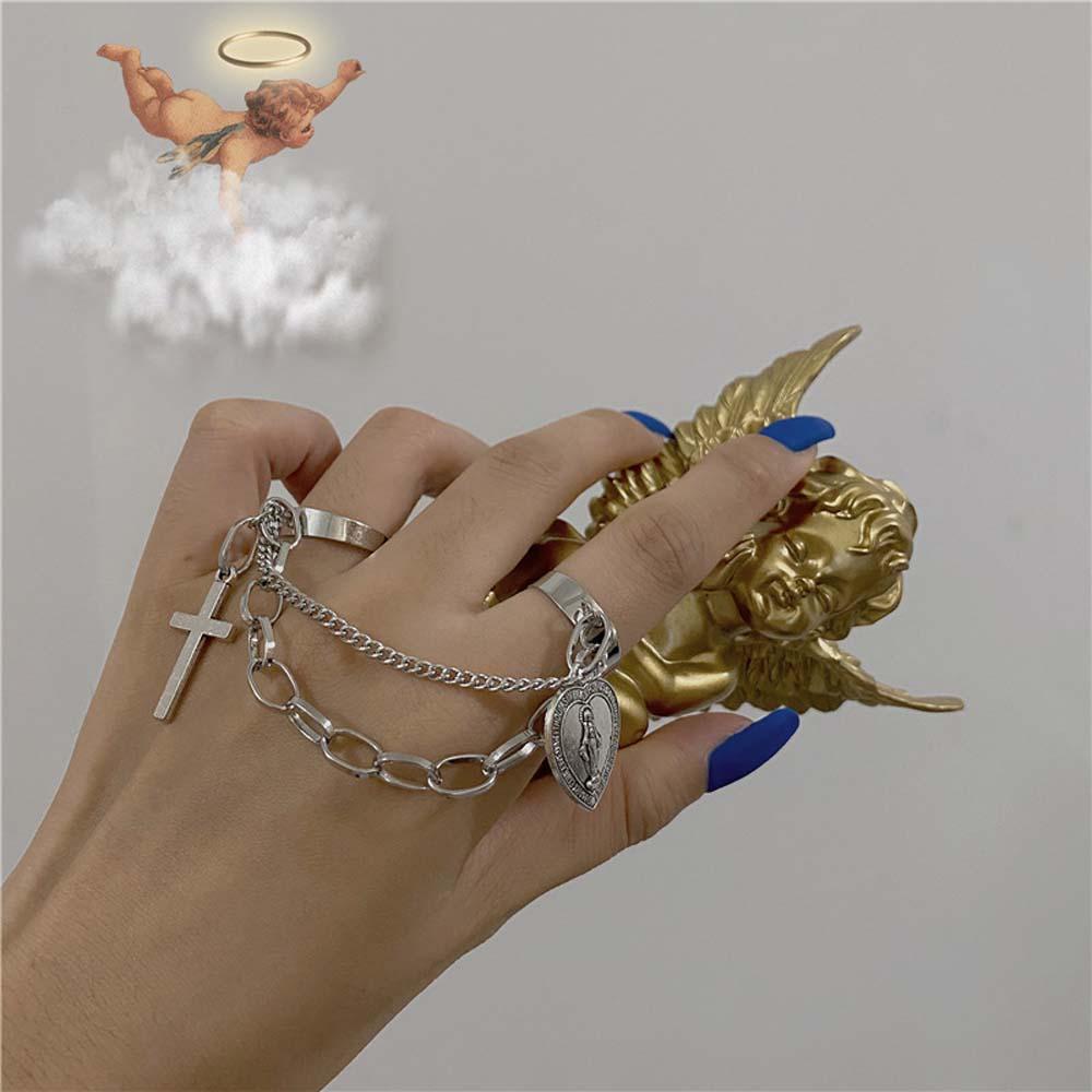 Needway Buka Cincin Wanita Goth Jantung Rantai Yang Dapat Disesuaikan Multi-layer Alloy Yesus Liontin Rings