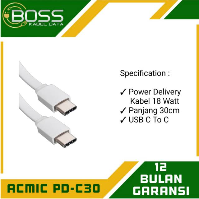 Acmic Kabel USB Type C To Type C Panjang 30cm Support Power Delivery Hingga 45 watt