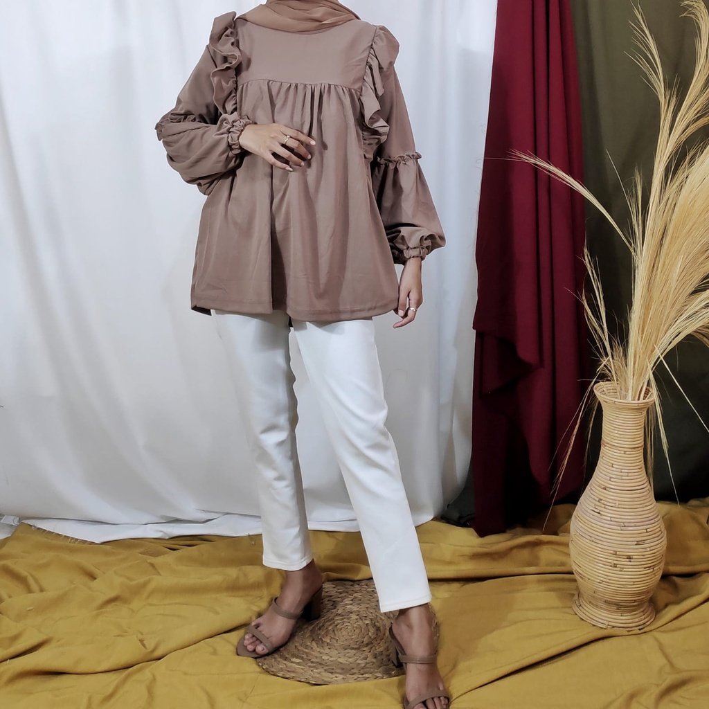 Blouse Wanita Lengan Panjang Kekinian Rumbai Gina LD 106cm Pjg 70cm FIt XL-XXL-Mocca
