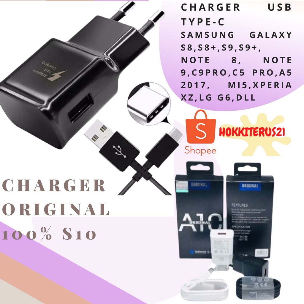 HOKKITERUS21 Batok Charger travel adapter s10+ original 3.0 fast charging kabel cable type c Hitam