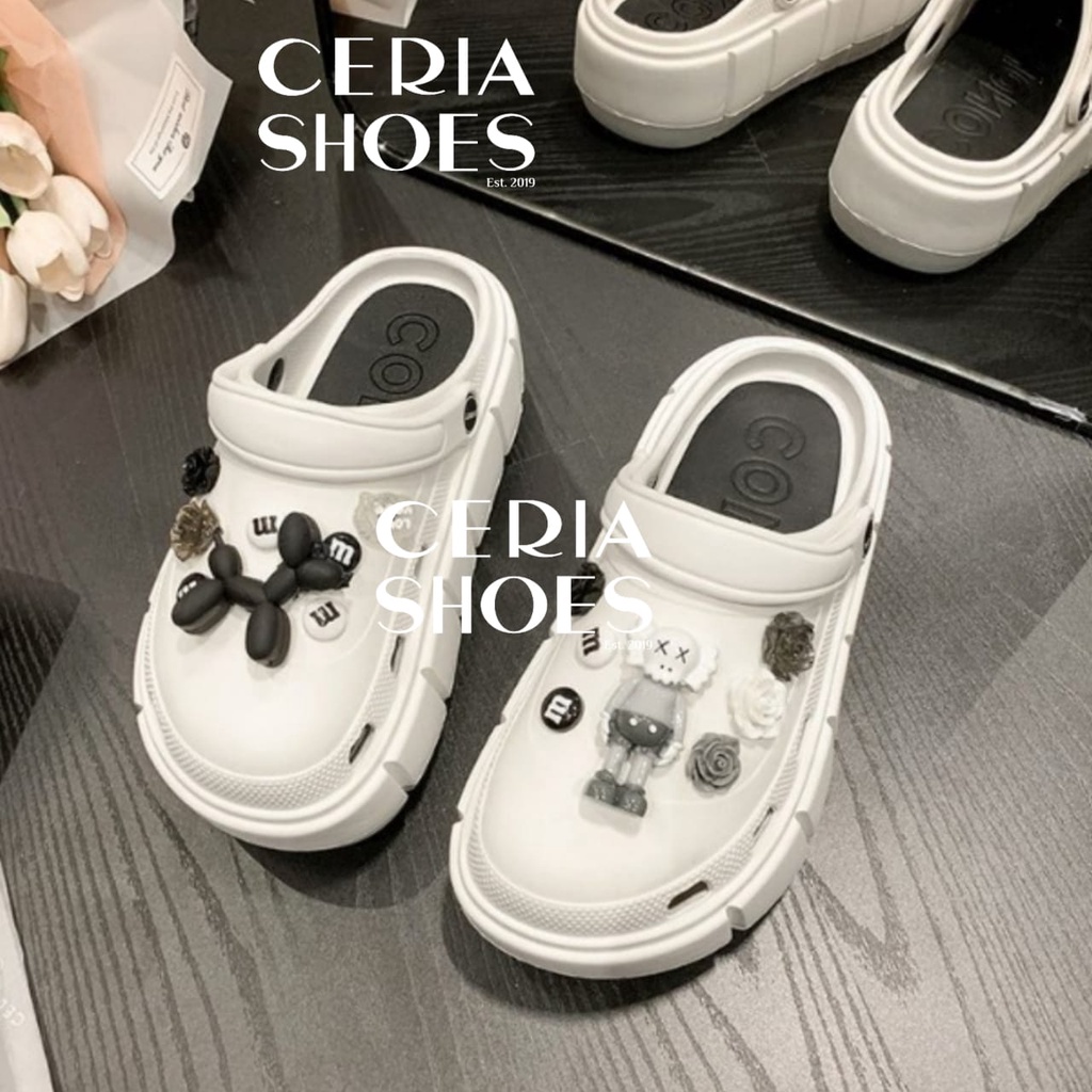 EVA Sandal Slop Wanita Korean Import Spons Rubber Tebal Tinggi Karet Ringan Super Empuk Anti Slip Wedges Slides include Jibbitz Summer Sandals