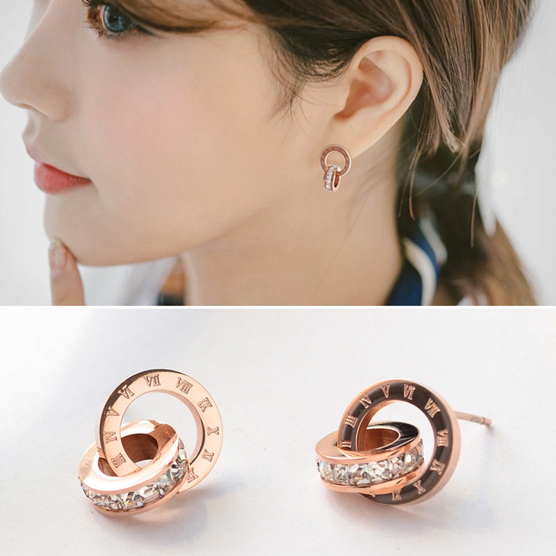 Anting Titanium Anti Karat dan anti luntur asli emas 18k Anting Berlian Angka Romawi Aksesoris Wanita