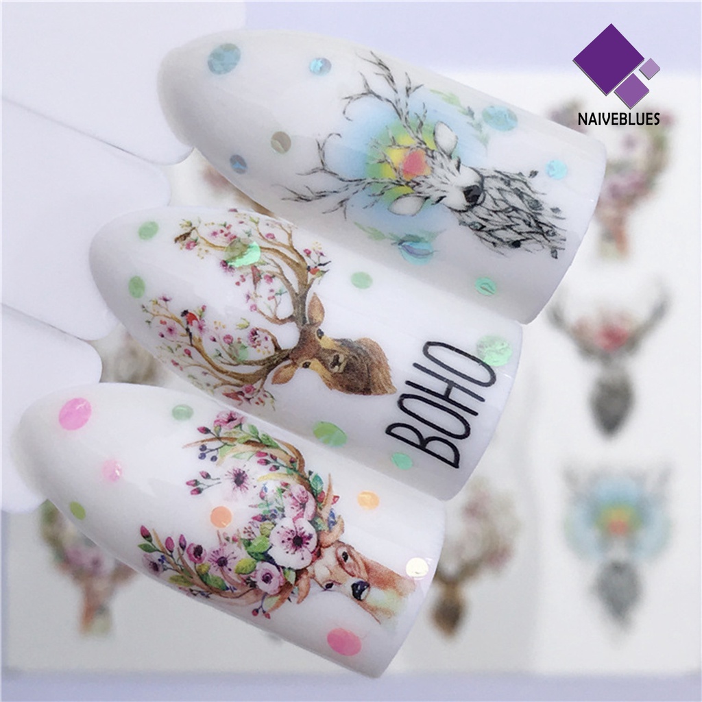 Naiveblue &gt; Stiker Kuku 2D Motif Rusa / Serigala Untuk Dekorasi Nail Art