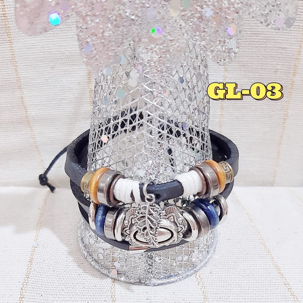 Gelang Motif DAUN Bahan Tali Kulit Yang Dapat Diatur GL-03 Tali Hitam