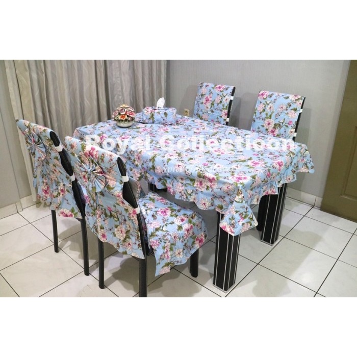 Taplak Meja Makan - Set Sarung Kursi Makan / Taplak Meja / Ctc / Cover Kursi Almira Biru