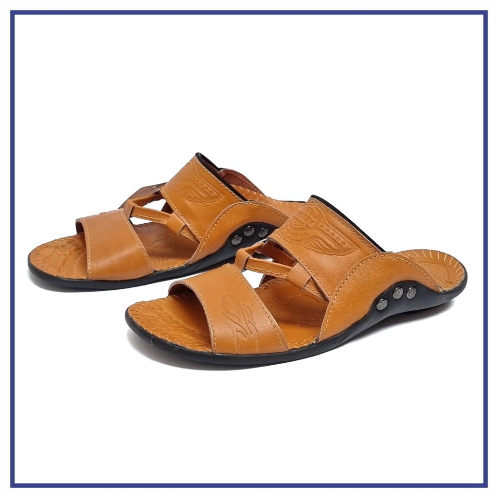 Sandal Pria Kulit Harley Davidson Ban 2 Tali Coklat Tan - JJ 04