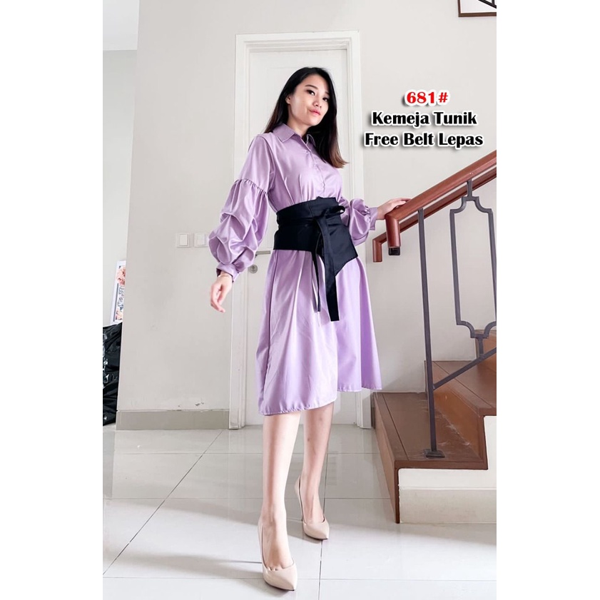 681#Kemeja  panjang  tunik muslim  Kain toyobo Adem Mewah Free belt pisah