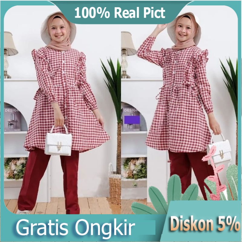 Baju Setelan Tunic Anak Perempuan Remaja Muslim Santai Adem Terbaru Lebaran 2022 Set Tunik Cel Harin