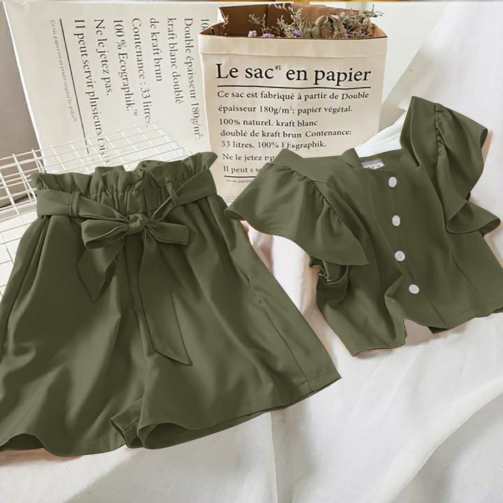 WSE390 - Setelan 2In1 Calista Celana Pendek Moscrepe Premium UK L-XL LD 100 CM PJ 60 CM LP Pinggang Karet PJ 40 CM PREMIUM QUALITY