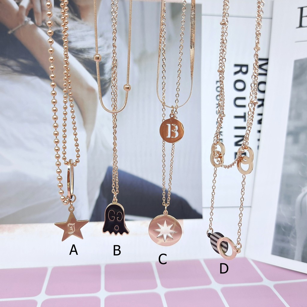 Kalung Kpop Titanium Korea 2 Layer Import Rantai Biji Lada Cassandra Belut Rosegold - BN423