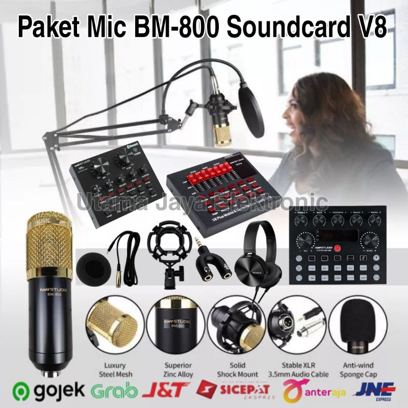 Paket Komplit Microphone BM800 Soundcard V8 Stand Arm NB35 Pop Filter Shield Rekaman Terbaik