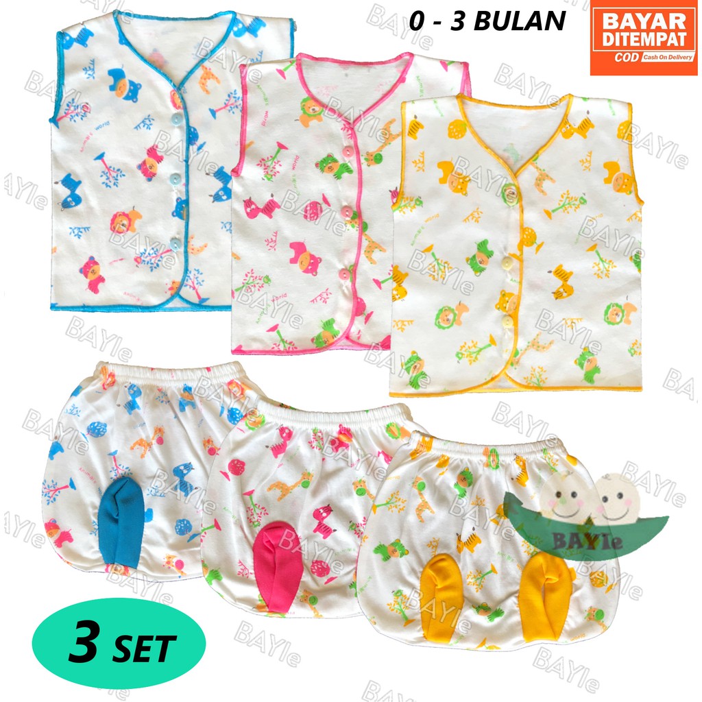 BAYIe - 3 SET Setelan Baju Bayi KUTUNG+Celana Kacamata New Born Motif TABUR NECI RYN umur 0-3 bulan