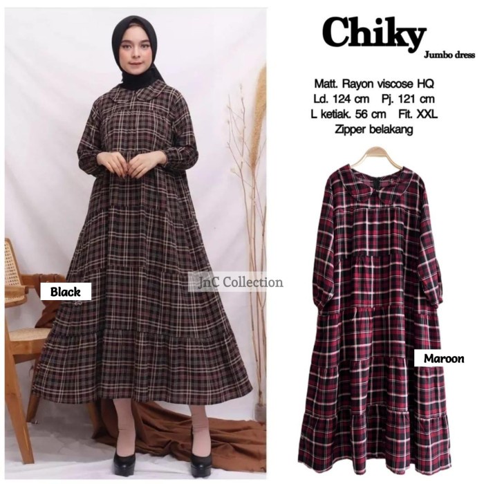 DRESS JUMBO WANITA TAYON VISCOSE MOTIF KOTAK- CHIKI MIDI - marron