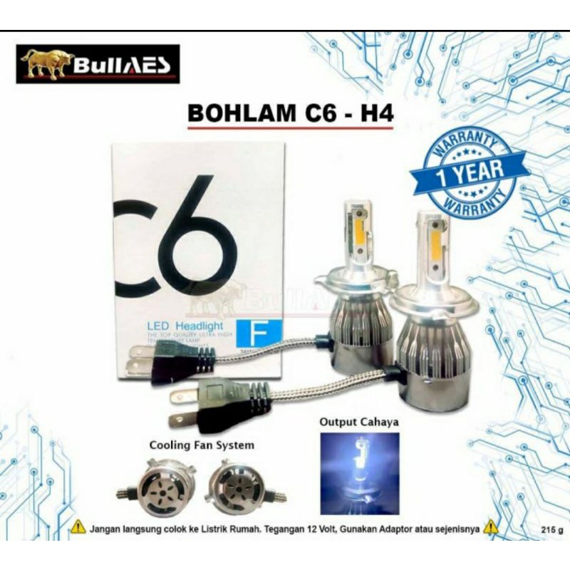 LAMPU LED H4 C6 36W HEADLAMP MOBIL MOTOR / BOHLAM LED H4 KIPAS / LAMPU LED H4 HEADLIGHT
