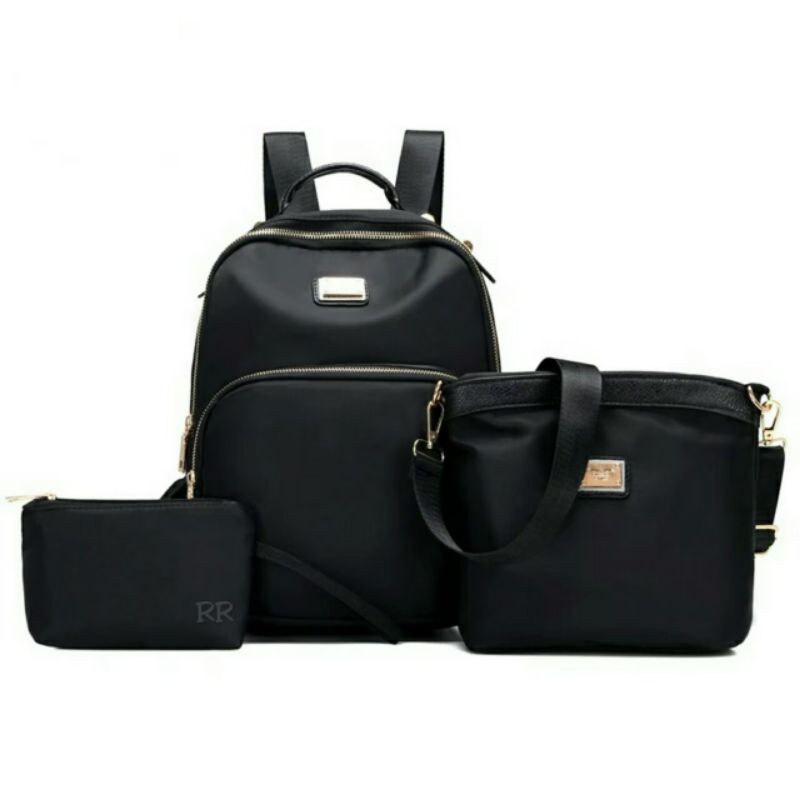 3PCS/SET FASHION WANITA RANSEL SET HITAM RANSEL KECIL TAS PU KULIT SEKOLAH TAS UNTUK WANITA