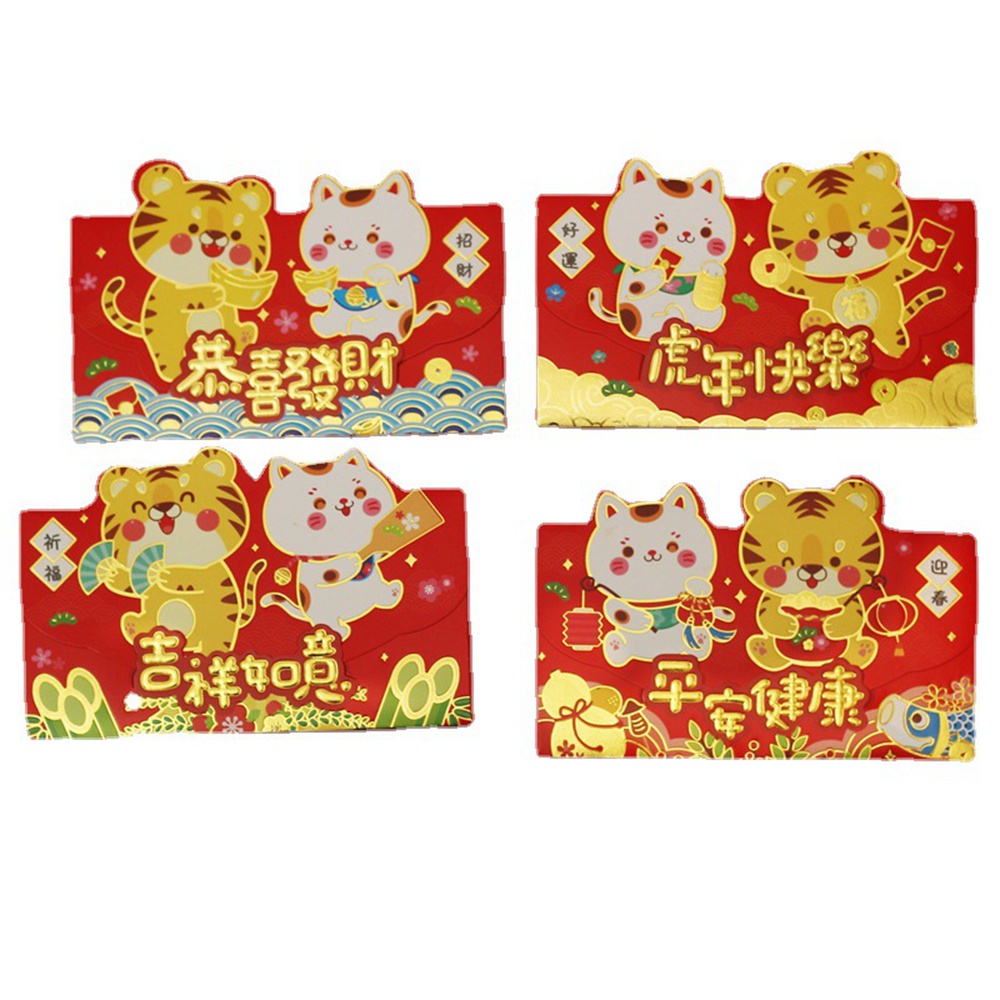 4 Pcs Amplop Angpao Tahun Baru Cina / Imlek Motif Kartun Harimau Warna Merah 2022