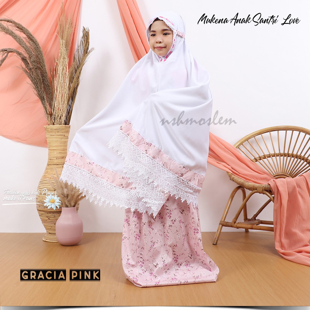 [𝓷𝓼𝓸] Mukena Anak Santri Renda Love (Muat Hingga Ukuran Tanggung banyak warna)-Gracia Pink