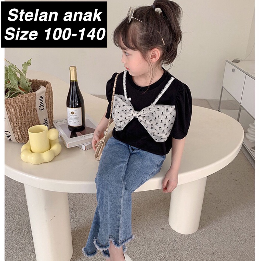 (LOLI-JKT) BS-257 SET ANAK CEWEK PITA COLLAR + CELANA JEANS SIZE 100-140