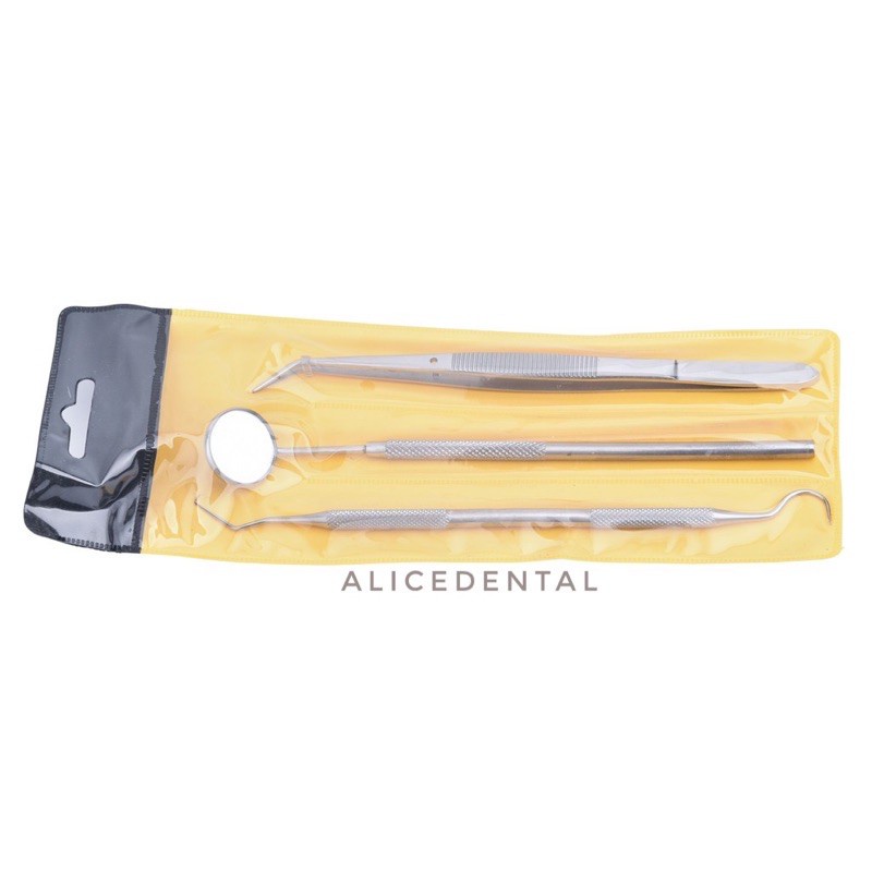 Dental diagnostic diagnostik kit alat standar set dokter gigi isi 3 kaca mulut sonde halfmoon berkait pinset dental standart stainless alat pembersih karang gigi