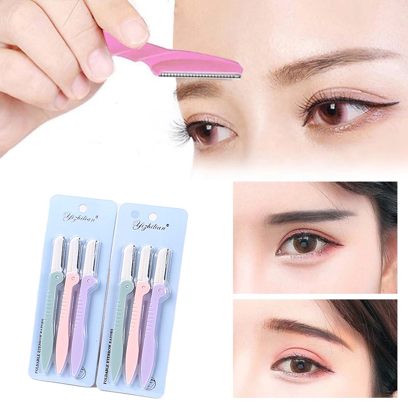 3pcs / Pak Pisau Cukur Alis / Bulu Ketiak Lipat Portable Multifungsi Warna Acak Untuk Makeup / Kosmetik Wanita