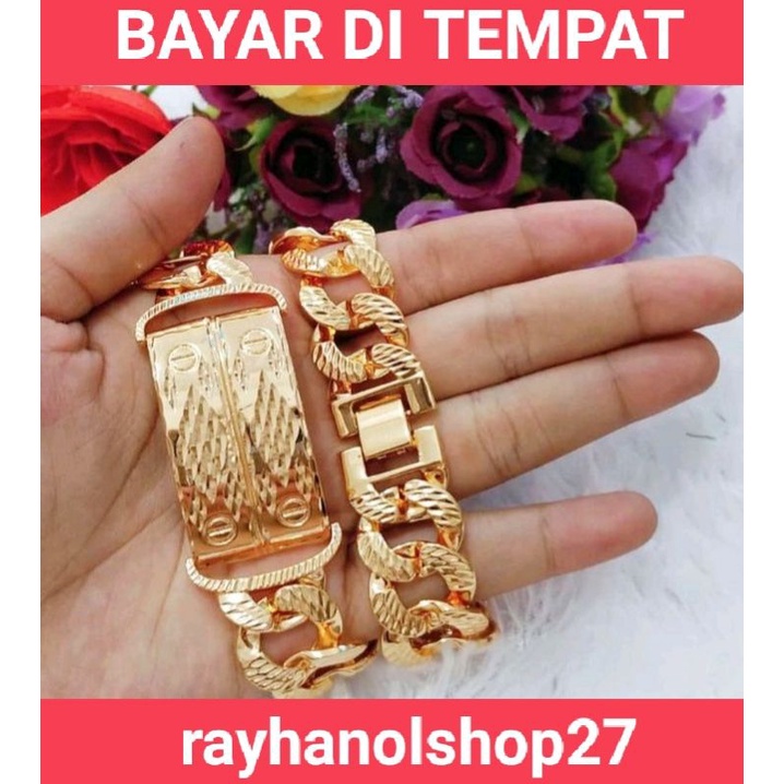 PERHIASAN WANITA DEWASA GELANG TANGAN RANTAI TITANIUM GOLD JUMBO LAPIS EMAS 24 K ANTI KARAT 4 VARIASI MOTIF PILIHAN MODEL NYA