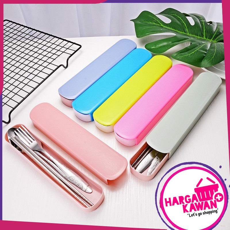 Sendok Garpu Sumpit Set Bahan Stainless Steel Sendok Alat Makan Travel Portable Hargakawan