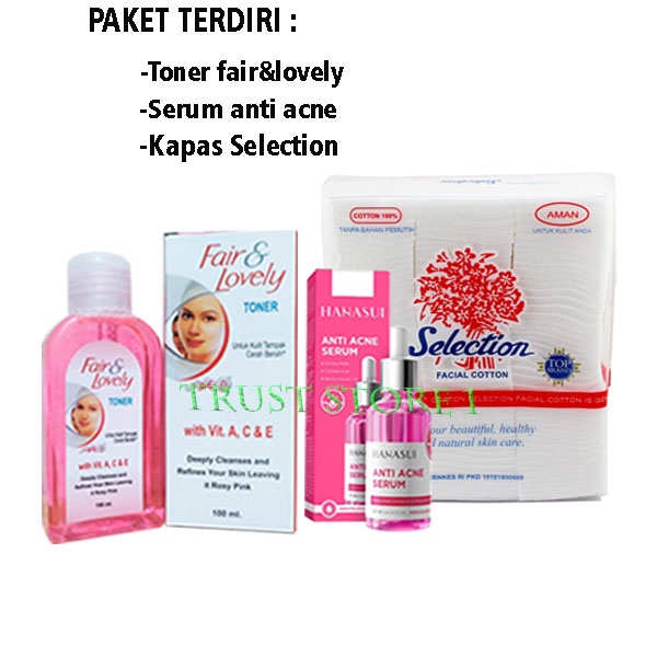 Paket 3 in 1 Toner Fair And Lovely - Serum Anti Acne Plus Kapas Selection