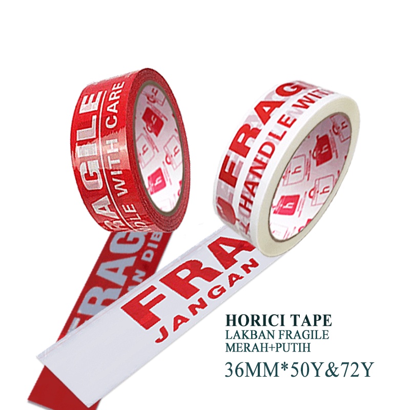 HORICI TAPE 36MMx50Y lakban Fragile Jangan di banting Isolasi Mudah Pecah Belah Aneka varian termurah satuan