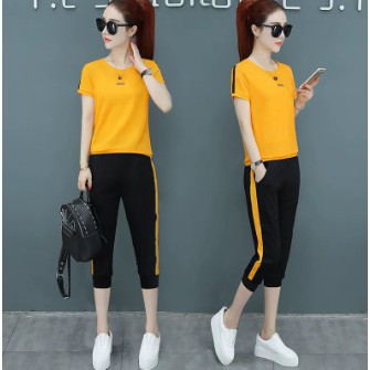 Playsuit kaos wanita + Celana Pakaian olahraga kasual Kaos vneck polos kaos basic real pict