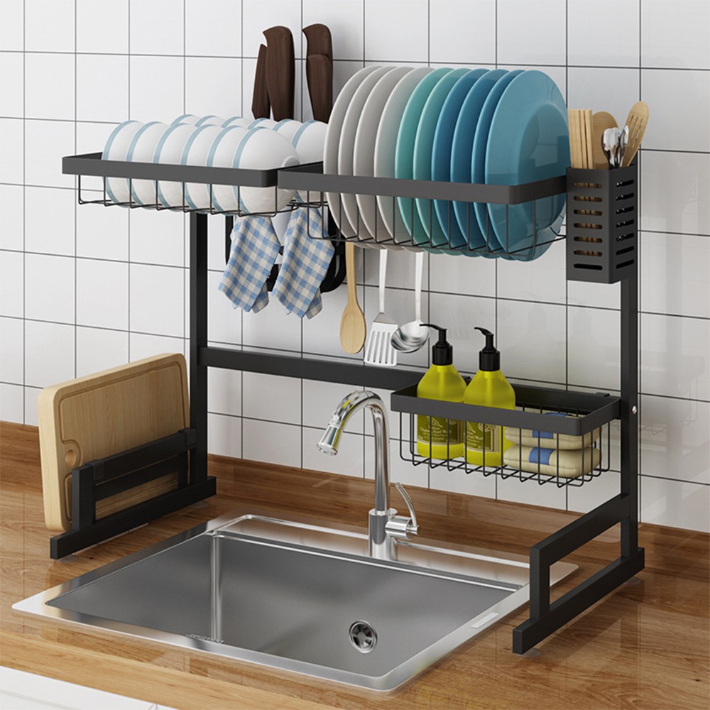 Rak Piring Dapur Atas Wastafel Stainless Hitam Anti Karat Kuat 2 Susun 65 cm